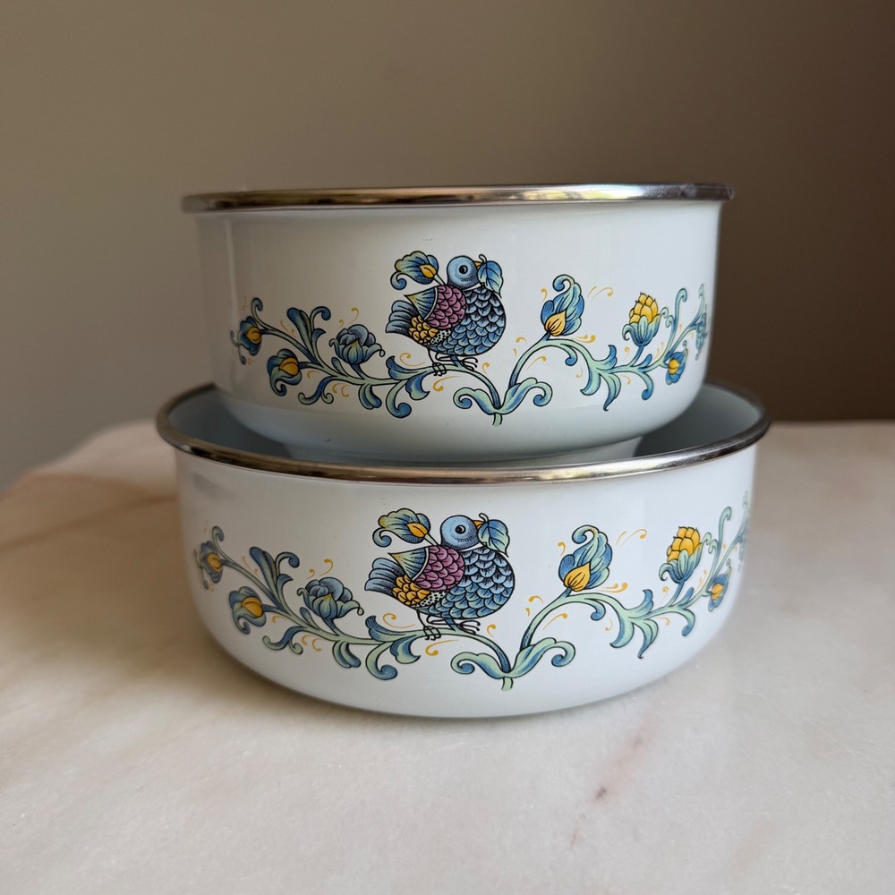 Vintage Kobe Enamel Mixing Bowls Set 2 Blue Bird Floral Folk Art White